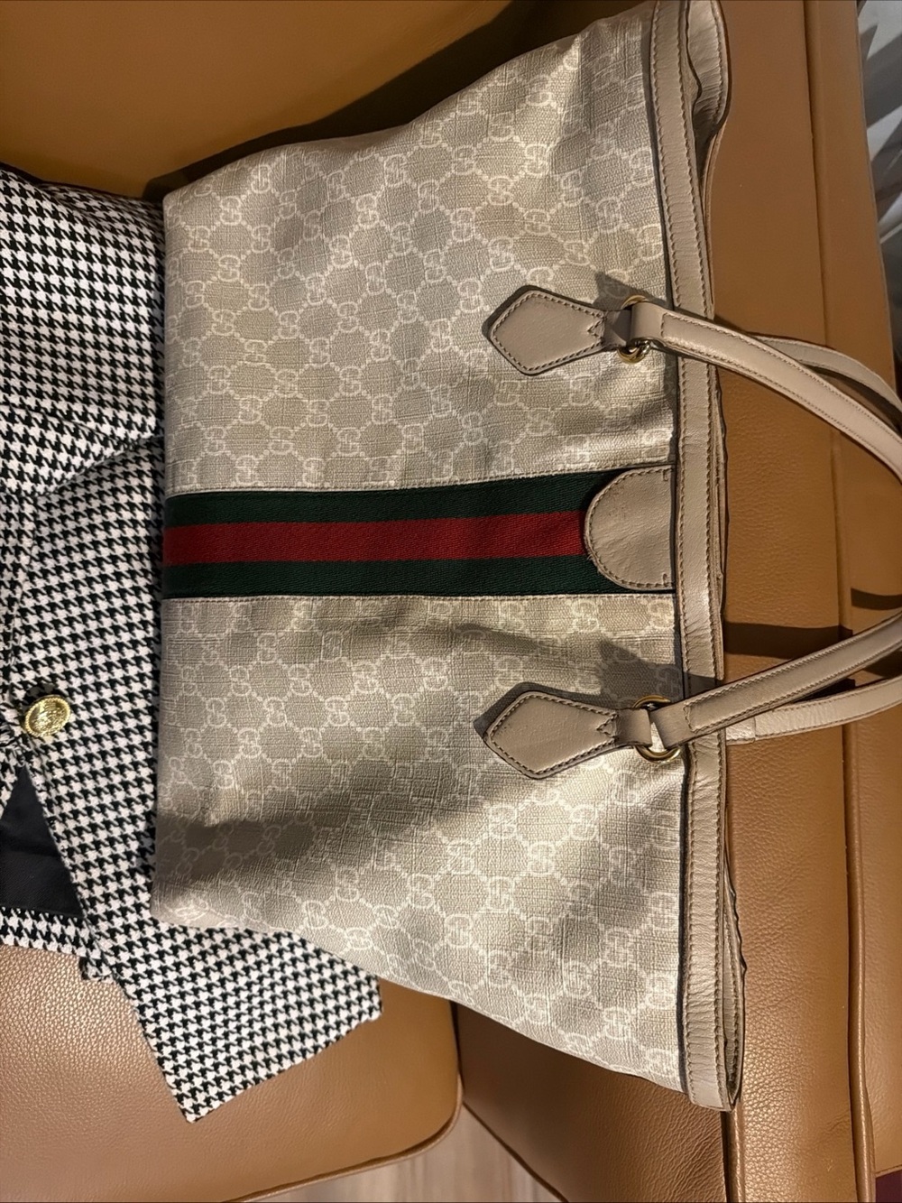 Gucci Beige Monogram Tote with Green and Red Web Stripe
